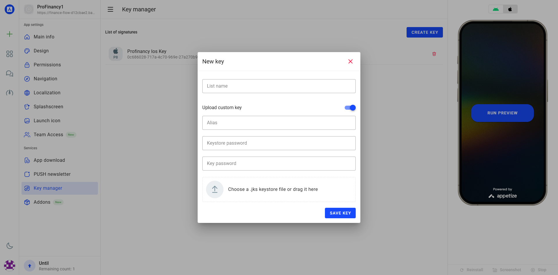 Upload Android Key